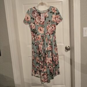 Sage Floral Midi Dress Pink Rose Print Short Sleeve NWT Size L